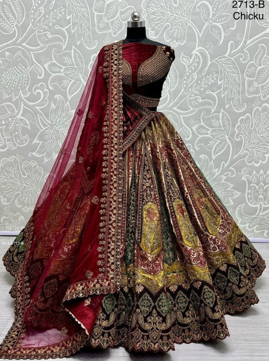 Double dupatta and Heavy Velvet Patchwork Designer Chiku Bridal Lehenga choli