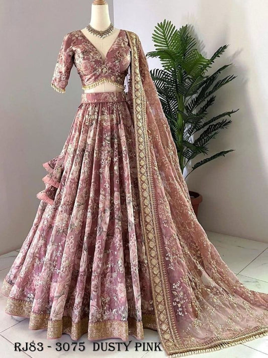Dusty Pink Lehenga Choli With Digital Print and Sequin Wedding Lehenga Choli With Dupatta