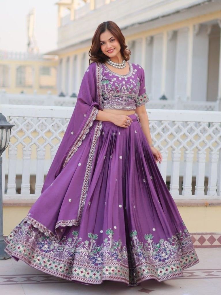 Elegant Purple Real Modeling Classic Heavy Work Pure Chinon Lehenga Choli