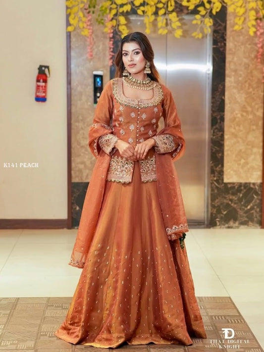 Eid Special Rust Orange Simmer Silk Lehenga Set