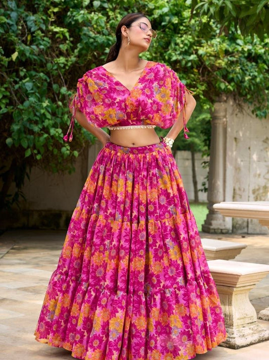 Elegance Pink Floral Printed Crop Top Chiffon Lehenga Choli
