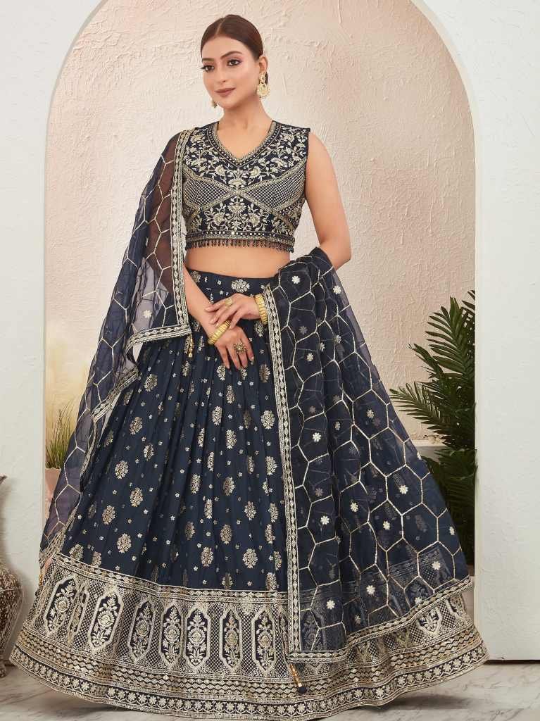 Elegant Navy Blue Embroidered Readymade Lehenga Choli