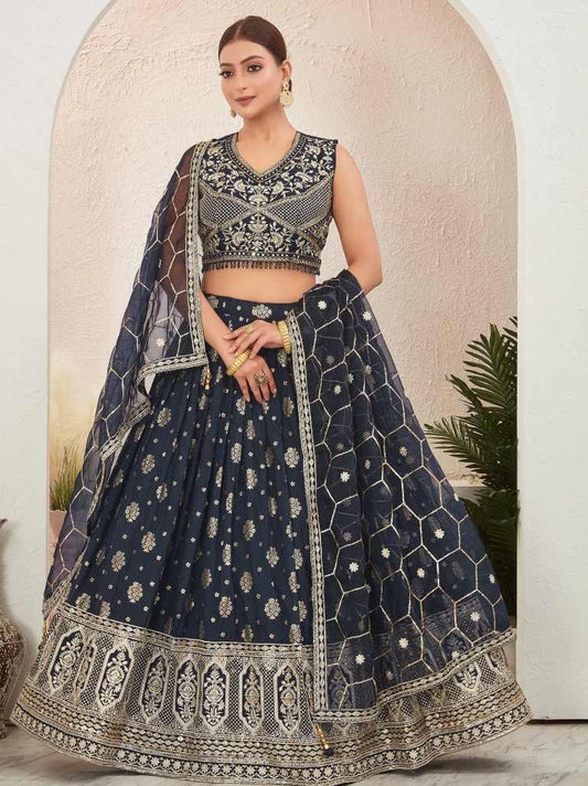 Elegant Navy Blue Embroidered Readymade Lehenga Choli