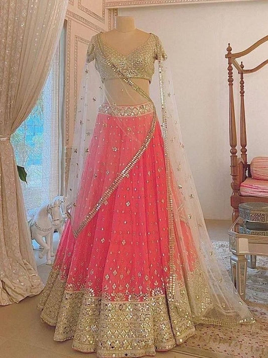 Elegant Soft Mono Net Embroidered Lehenga With Foil Mirror Work