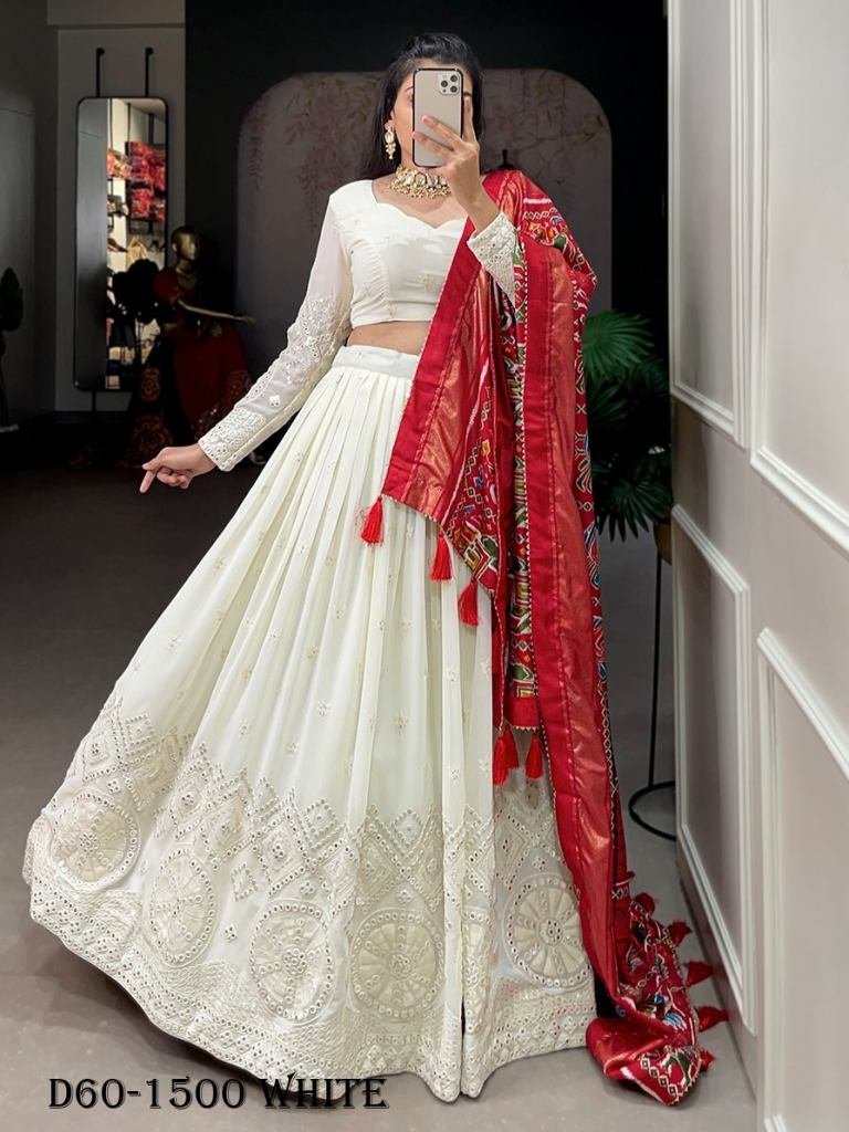 Elegant White Lucknowi Paper Mirror Work Georgette Lehenga Choli with Red Dupatta