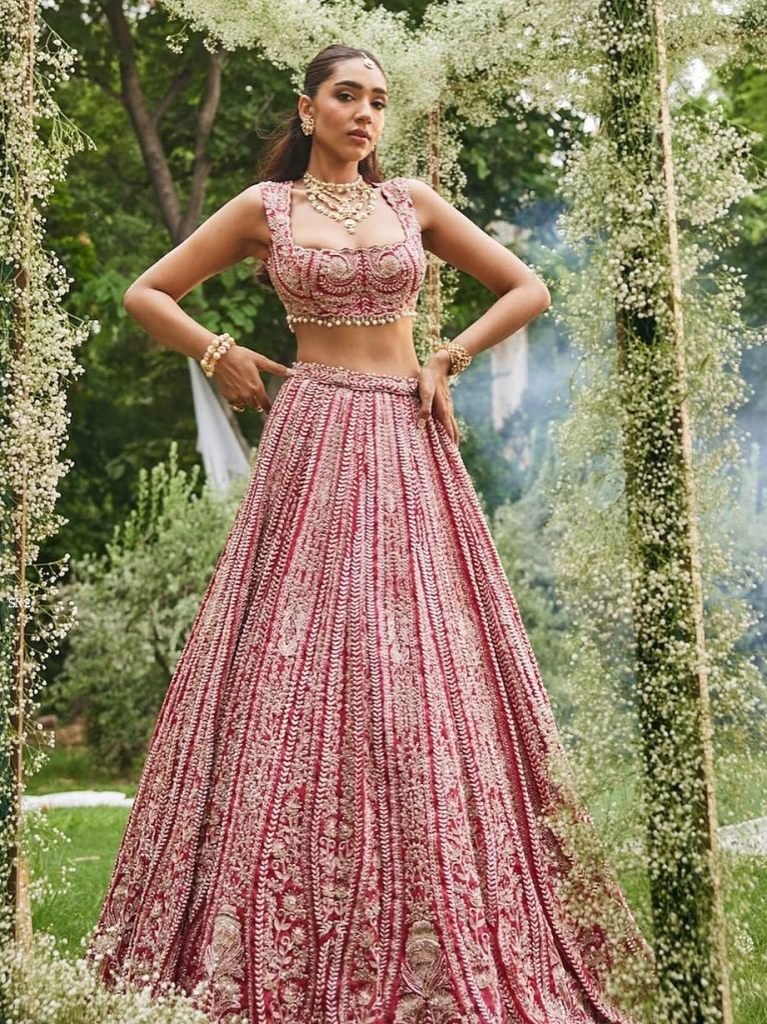 Elegent Bridal Wear Fuax Georgette With Sequence Work Pink Lehenga
