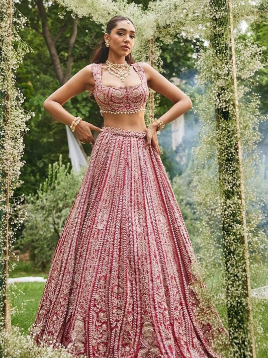 Elegent Bridal Wear Fuax Georgette With Sequence Work Pink Lehenga