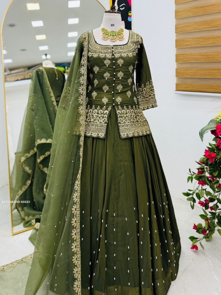 Elegent Mehandi Green Party Wear Lehenga Set
