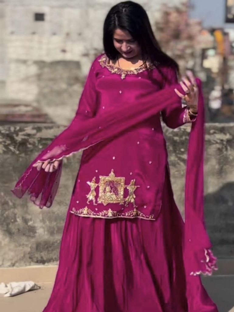 Elegent Pink Handwork  Kurti With Flared Lehenga And Dupatta