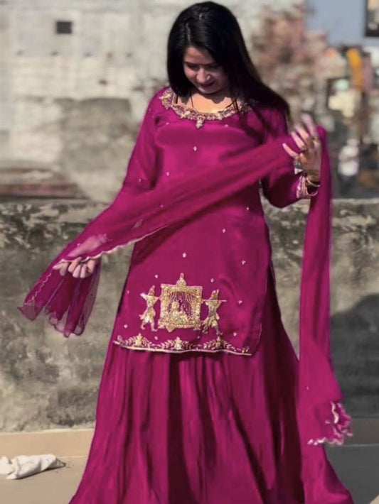Elegent Pink Handwork  Kurti With Flared Lehenga And Dupatta