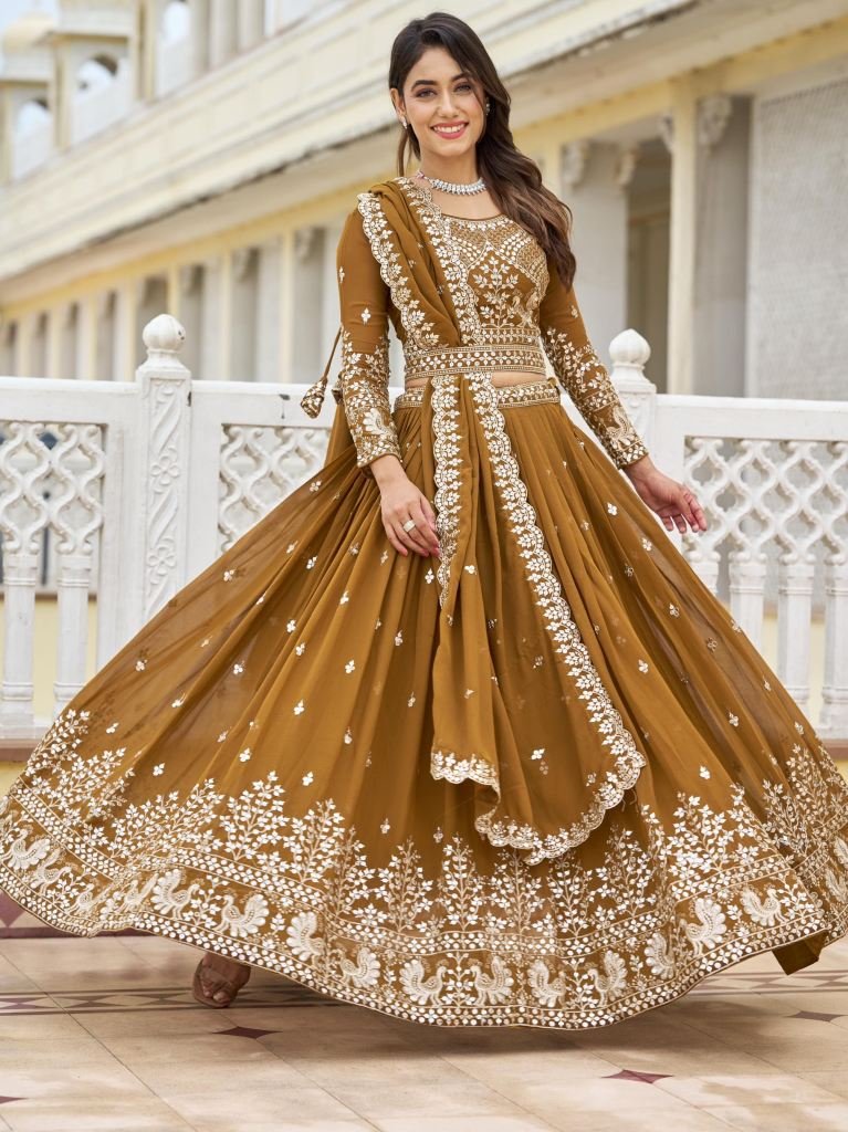 Embroidery Sequence Work Mustard Lehenga Choli Dupatta