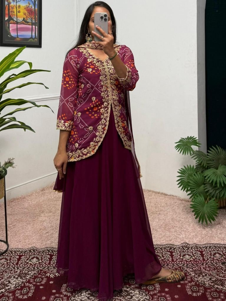 Embroidery Work Wine Lehenga Dupatta With Koti