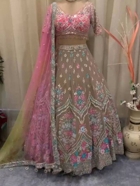 Exceptional Real Mirror 3.5 Meter Flared Pink Net Lehenga Choli