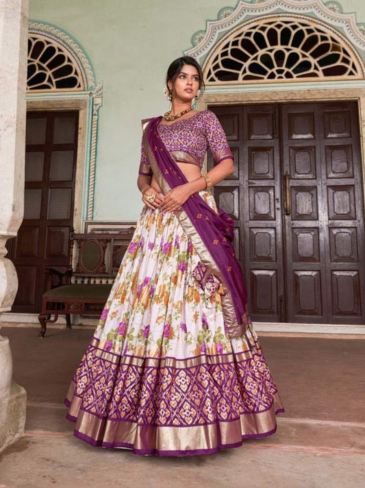 Exclusive Tussar Silk Floral And Patola Print Wine Lehenga Choli