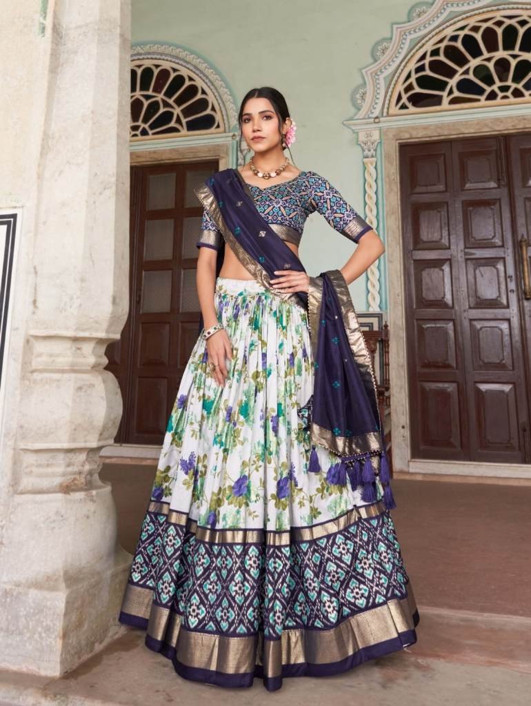 Exclusive Tussar Silk Floral And Patola Print Blue Lehenga Choli