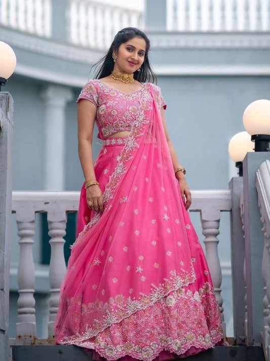 Fancy Chinon Pink Heavy Embroidery Sequence Work Lehenga