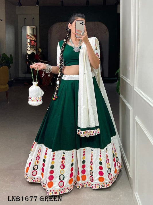 Fancy Cotton Green Lehenga With Mirror Work