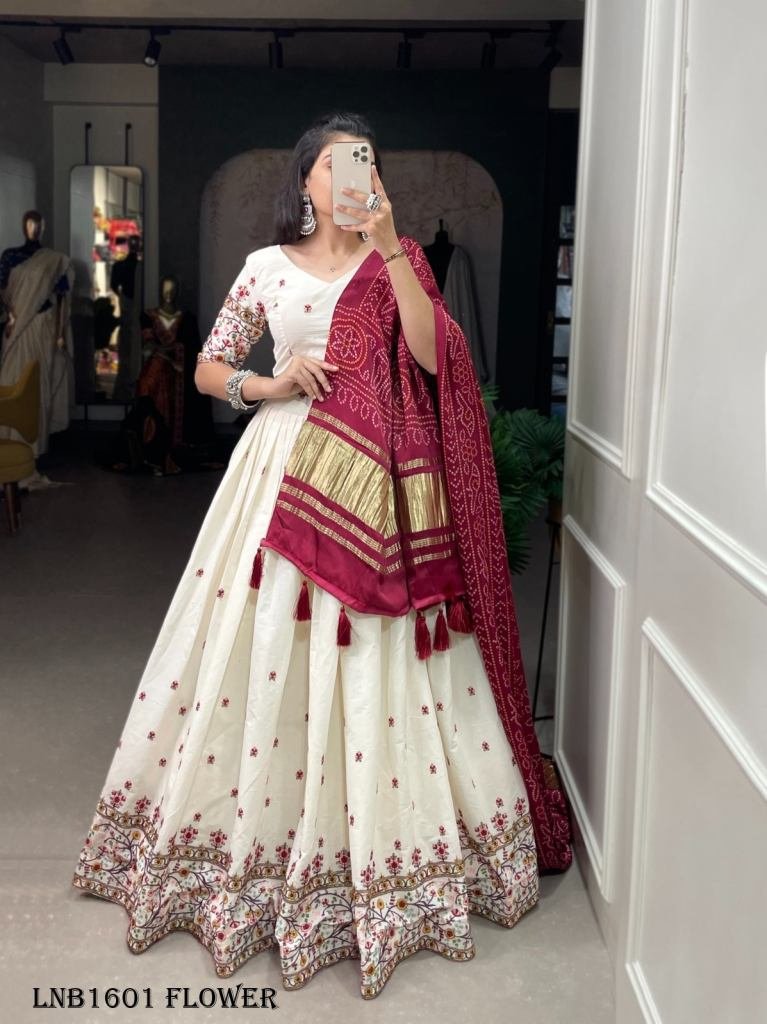 Fancy Cotton White With Red Flower Pattern Lehenga