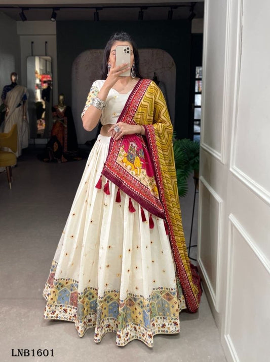 Fancy Cotton  White With Yellow Temple Pattern Lehenga