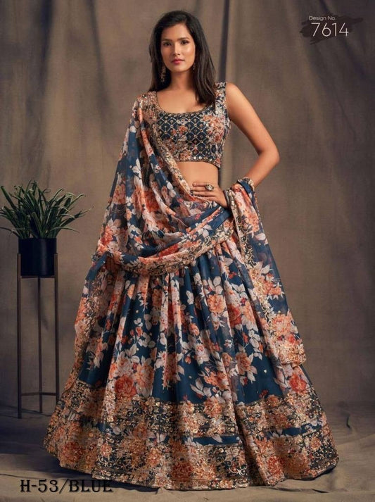 Fancy Printed Blue Lehenga Choli With Dupatta
