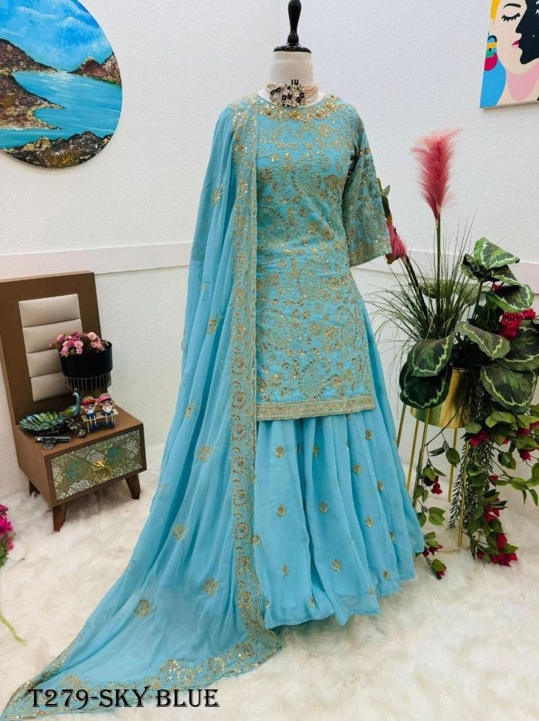 Fancy Embroidery Work Sky Blue Georgette Lehenga Set