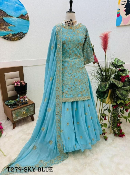 Fancy Embroidery Work Sky Blue Georgette Lehenga Set