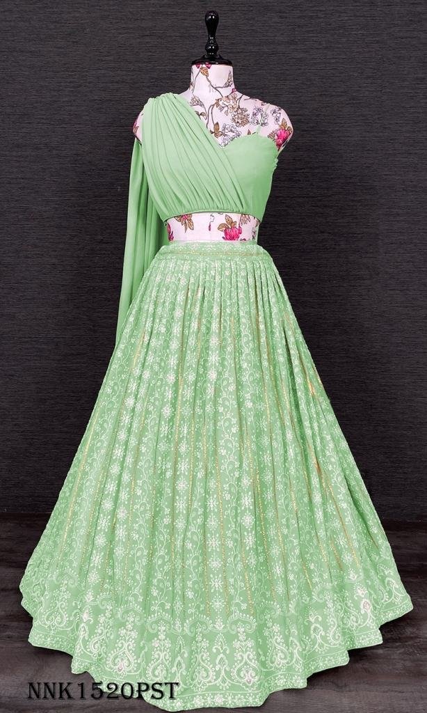 Fancy Georgette One Shoulder Pista Crop Top Lehenga