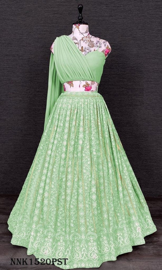 Fancy Georgette One Shoulder Pista Crop Top Lehenga
