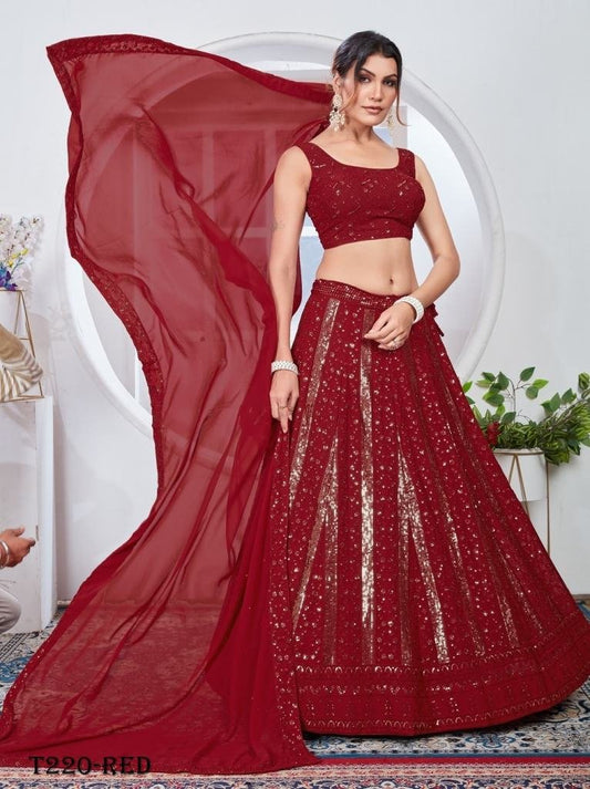 Fancy Red Pure Georgette Lehenga Choli With Sequins Work