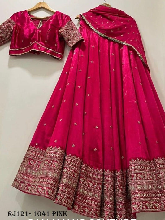 Fancy Satin Silk Embroidery Work Pink Lehenga Choli With Dupatta