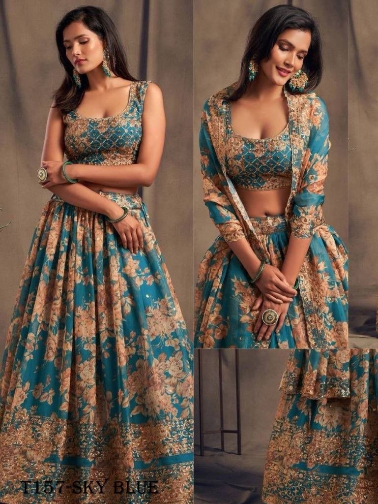 Fancy Sky Blue Soft Organza Digital Print Lehenga Choli