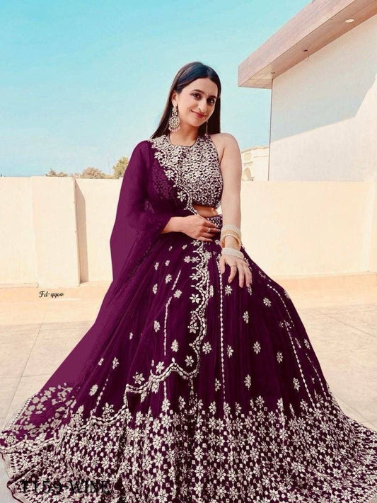 Fancy Wine Georgette With Design Work Lehenga Choli