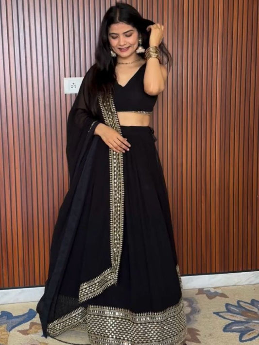 Faux Georgette Black Sequence Work Lehenga Choli