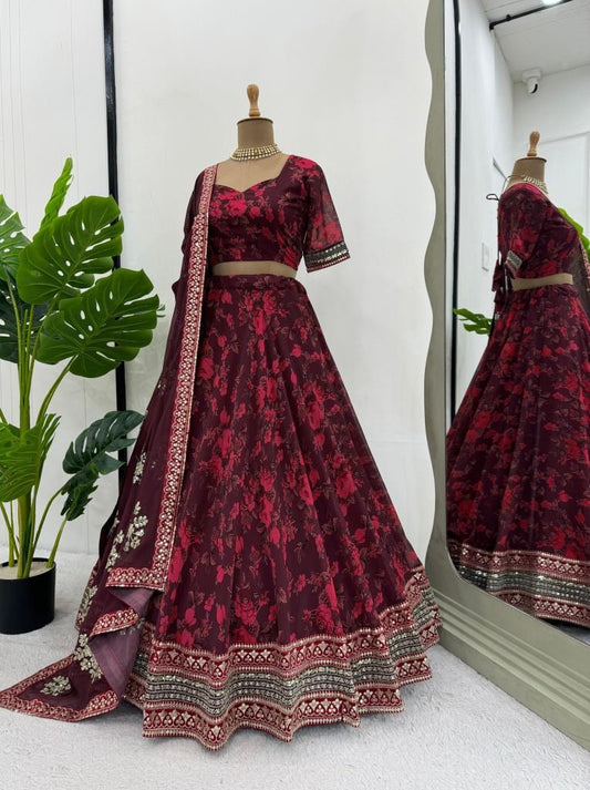 Faux Georgette Digital Print Red Sequins Work Lehenga Choli With Dupatta