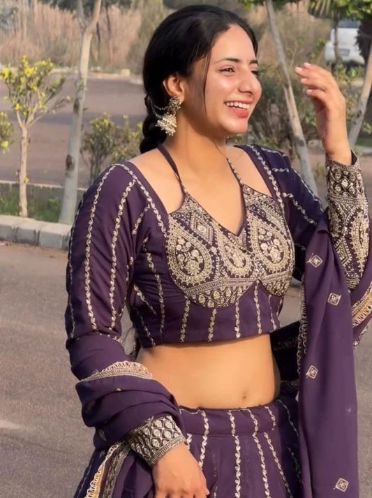 Faux Georgette Sequence Work Embroidered Lehenga Choli