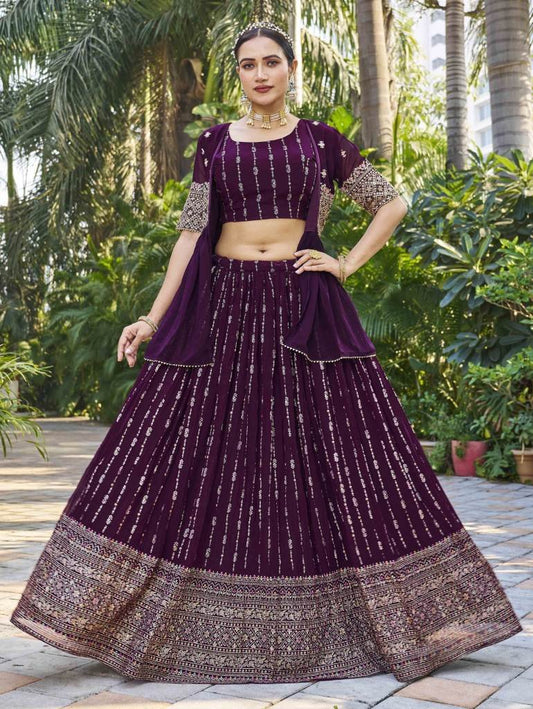 Festive Wear Georgette Wine Lehenga With Shrug