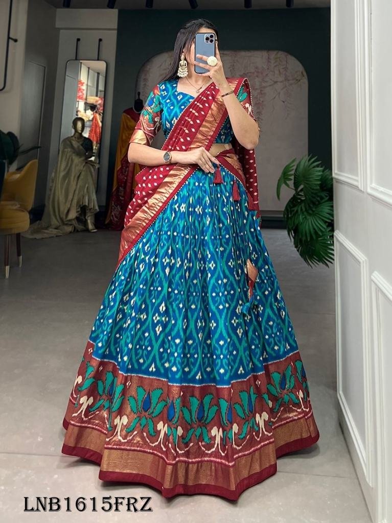 Firozi Color Printed With Foil Print Tussar Silk Traditional Lehenga Choli