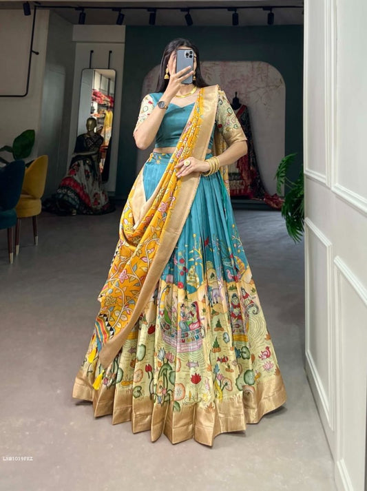 Firozi Kalamkari Print Dola Silk Lehenga Choli