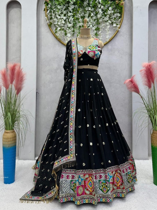 Foux Georgette Thread With Sequence Work Black Navratri Lehenga