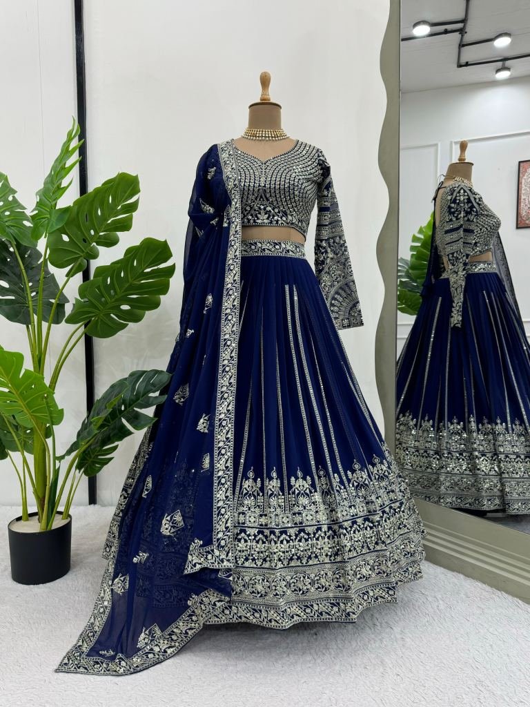 Foux Gorgette Blue Lehenga Choli With Sequnce Work