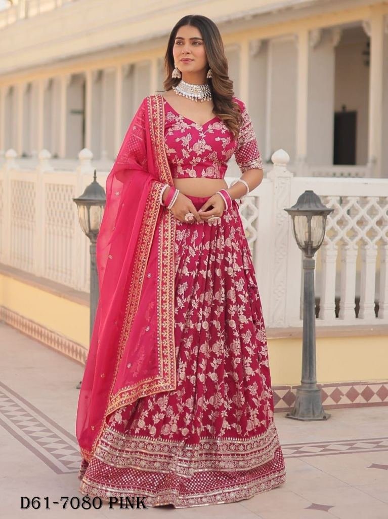 Full Stitched Viscose Jacquard Pink Lehenga Choli