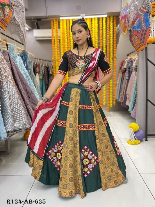 Fully Stitched Green Rayon Printed Lehenga Choli With Garmthi Work Lace And Patch Work