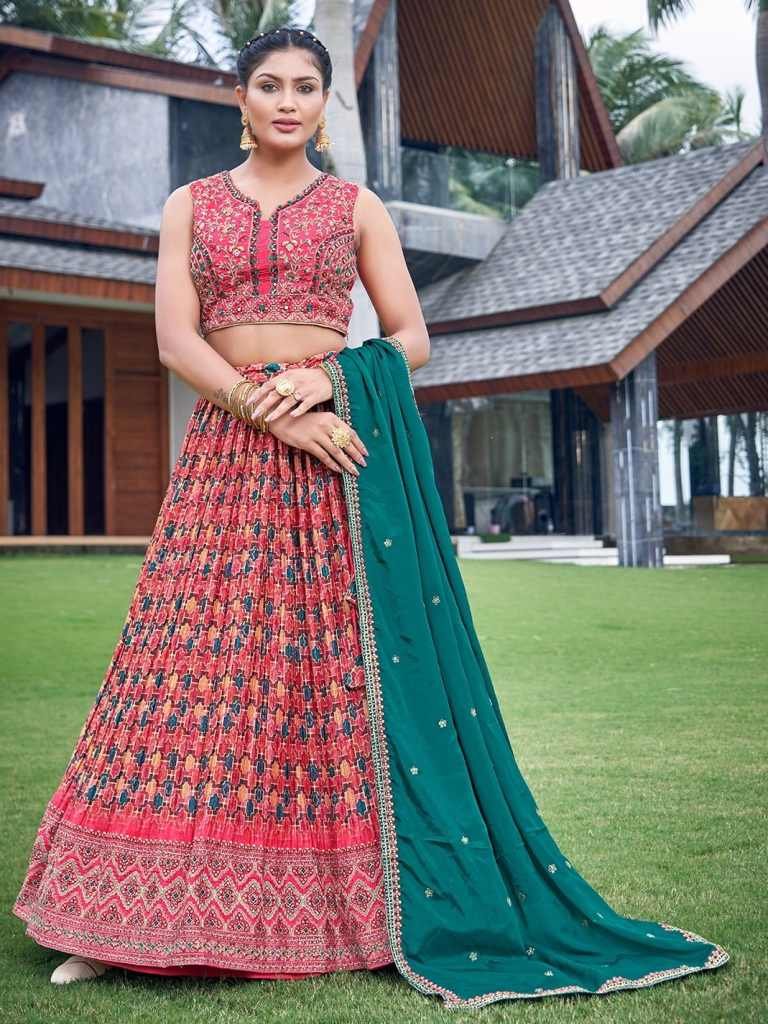 Gajri Rama Digital Printed  Geometric Lehenga Choli
