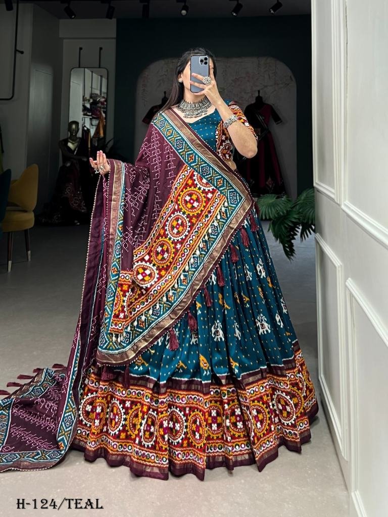 Gamthi Work Tussar Silk Teal Color Lehenga Choli