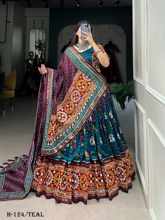 Gamthi Work Tussar Silk Teal Color Lehenga Choli