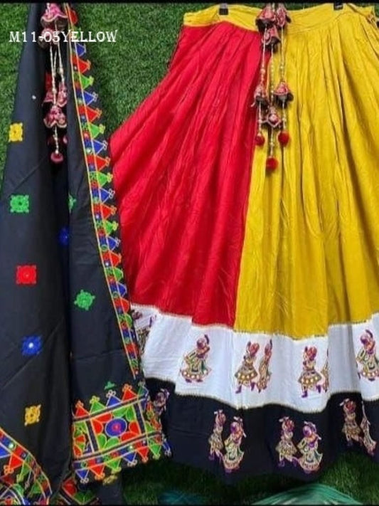 Garba Special Yellow and Black Digital Printed Crepe Semi Stitched Lehenga Choli