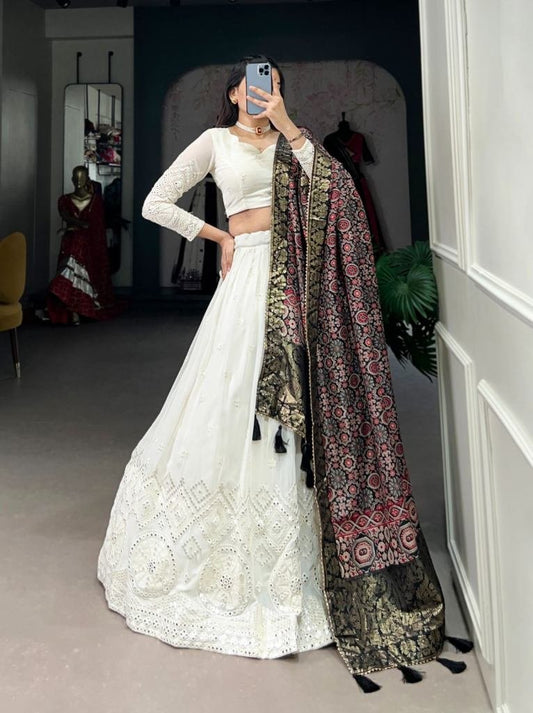 Georgette Mirror Work Lehenga With Dola Silk Dupatta