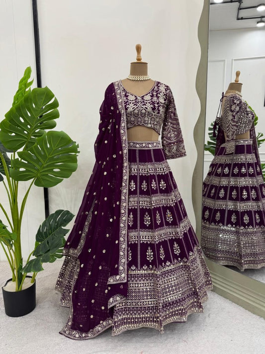 Georgette Wine Heavy Lehenga Set With Sequence Work