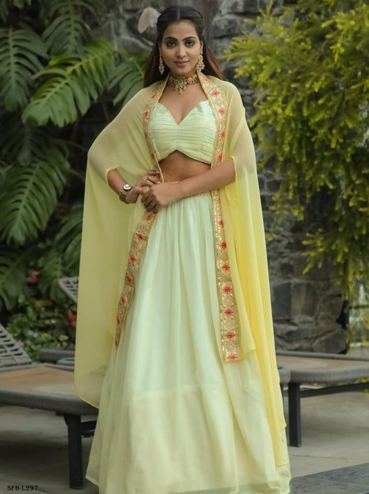 Georgette Yellow Thread And Dori Work Lehenga Choli