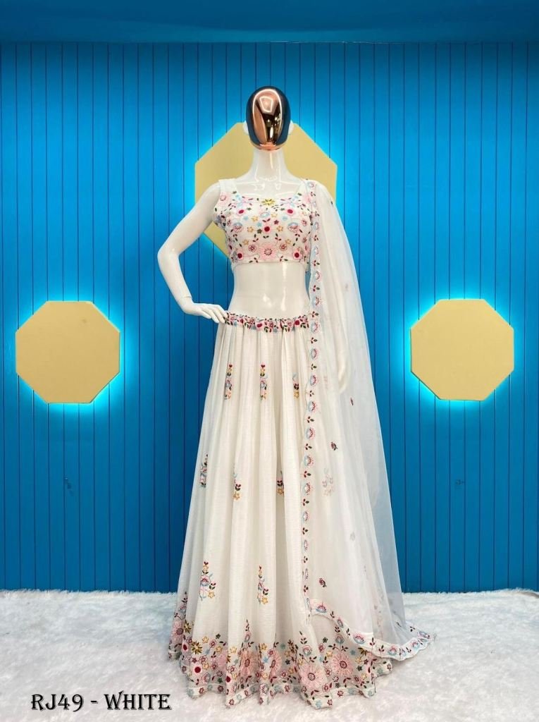 Glamorous White Chinon Sequence Embroidery Crop Top Lehenga Choli